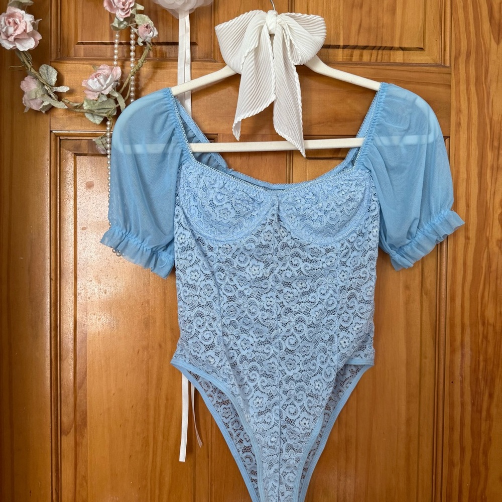 Blue Lace Puff Sleeve Bodysuit - Never Worn